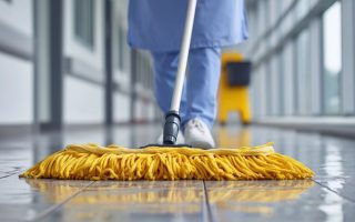 A woman performing a data-driven cleaning service, after being informed by a sensor that a specific room in a site needed to be cleaned.